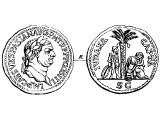 Vespasian, brass coin of commemorating the capture of Jerusalem. Left: bust of Vespasian. Right: `Judea Captive`, Jewish man standing with his hands tied, Jewish woman sitting dejected under a palm tree.